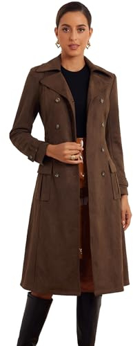 Allegra K Trench Coat Femme en Faux Suède à Revers Cranté Blouson Long à Double Boutonnage avec Ceinture Manteau Faux Cuir à Manches Longues Café noir M