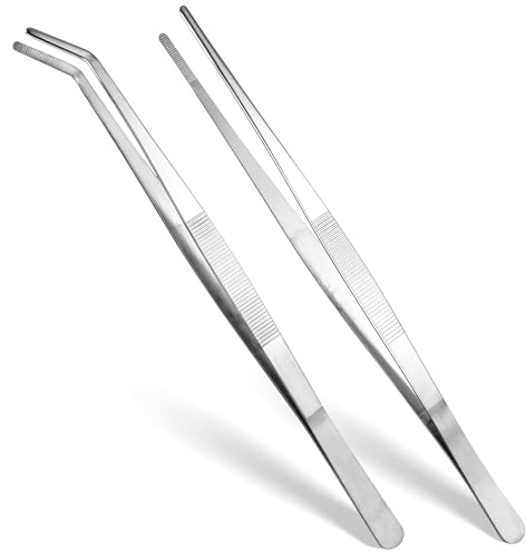 GEEHUA 2 stycken böjda pincetter trubbig pincett, rak pincett av rostfritt stål med platt spets och böjd tandad kant vinklad pincett för elektronik, laboratoriearbete, vattendjur (30 cm)