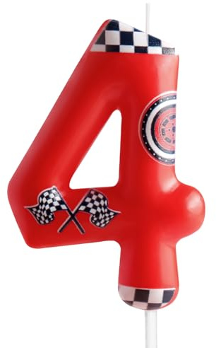 Zi Lan Vela roja para pastel de cumpleaños con diseño de coche de carreras, velas de cumpleaños número 4, decoración de pastel de cumpleaños para niños y niñas, decoración de fiesta temática de coche