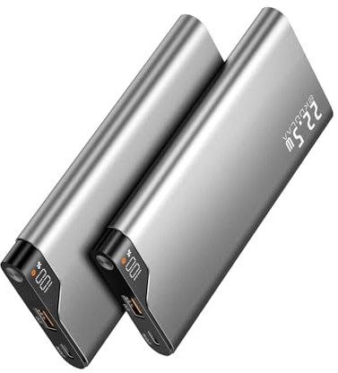 Bateria Externa Carga Rapida 2 Piezas 10000mAh 22.5W Power Bank, KUULAA Cargador Portatil USB C Input ＆ Output Bateria Portatil para iPhone 16/15/14/13/Pro/Pro MAX/Plus/iPad/Samsung, Gris