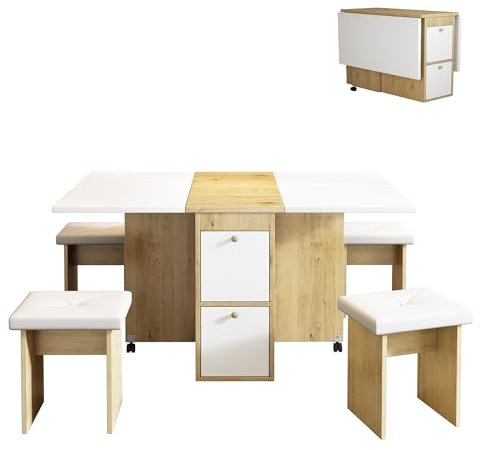 Azkoeesy Esstisch Set 5-teilig, Essgruppe mit Esstisch klappbare und 4 Stühlen, Beweglicher Tisch mit 6 Rollen, mit Stauraum, 120 L x 80 B x 75 H (cm) (Weiß/Eiche)