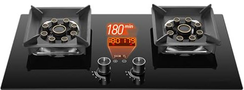 Cuisinière À Gaz 75 Cm 2 Brûleurs 5,2 KW, Minuterie Indépendante Double Face, Support De Casserole En Fonte En Verre Trempé Noir, Adapté À La Cuisine Domestique Avec Protection Contre Les Flammes(LPG)
