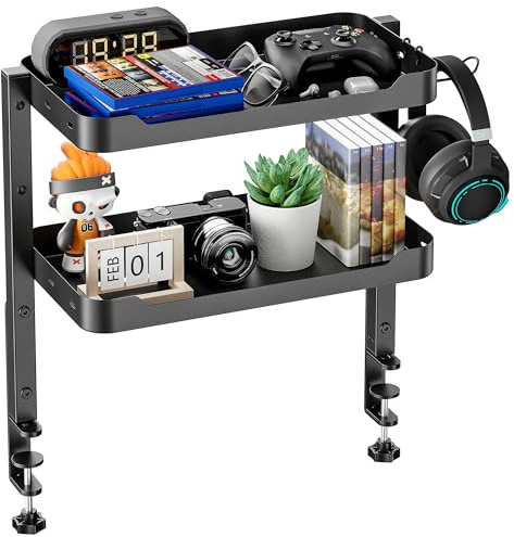 ARES WING 2-Tier Clamp On Desk Shelf, 16 inch Adjustable Above or Under Desk Storage Shelves Holds 66 lbs, Heavy Duty Desktop Organizer with Headphone Holder for Working and Gaming Accessories, Black