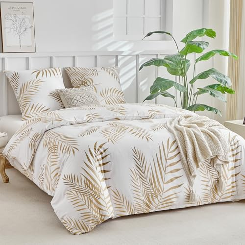Lekesky, biancheria da letto 220 x 240 cm, set di biancheria da letto 3 pezzi 220 x 240 cm, copripiumino bianco con motivo fogliame tropicale dorato, in microfibra, con chiusura lampo, 2 federe da 80