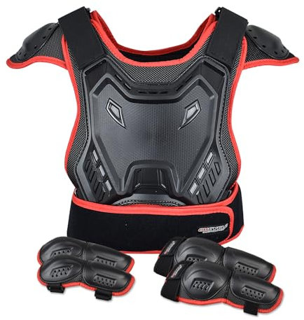 Tuta da moto per bambini, con protezioni per gomiti, ginocchiere, parastinchi, petto e colonna vertebrale, per motocross, sport all'aria aperta (rosso)
