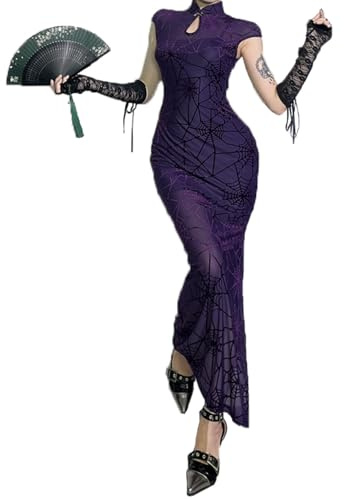 YINGWIN Cheongsam - Conjunto de dos piezas para mujer, malla transparente, telaraña Qipao con vestido deslizante, elegante vestido vintage de noche y fiesta, Morado (, L