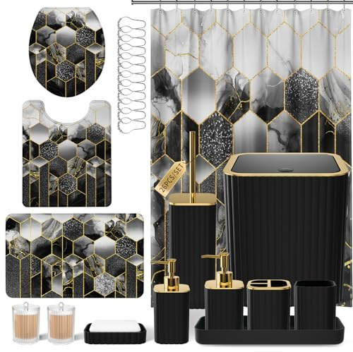 XLHOMO Bathroom Set - 26PC Bathroom Set with Shower Curtain and Rugs, Bathroom Accessory Set, Black Bathroom Accessories Set, Trash Can & Soap Dispenser