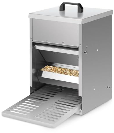 Peviasot Futterautomat, Futtertrog mit Automatisches Pedal und Wasserfest Decke, 1X Hühnerfutterautomat, 5KG Automatischer Futterautomat mit Mäuseschutz, Verzinkt–Dreidimensional