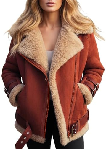 Manteaux Femme d'hiver Blouson Daim Simili Mouton Imitation Veste Chaude Retro Moto Manteau Grande Taille Veste Femme Mi Saison Doudoune avec Poches Et Zippé