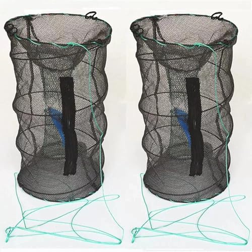 Folding Fish Cage, 2 Nylon Cages (30 x 60 cm), Crawfish Trap with Zipper, Shrimp Locker, Portable Round Fishing Net