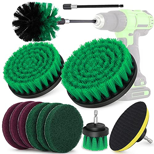 Cepillos para Taladro Eléctrico, 12 PCS Juego de Cepillo Limpieza Hogar, Multifuncionales Brochas para Limpiar Paredes, Baño, Cocina, Tapiceria Coche, Piso Azulejo, Esquinas, Terraza - Verde