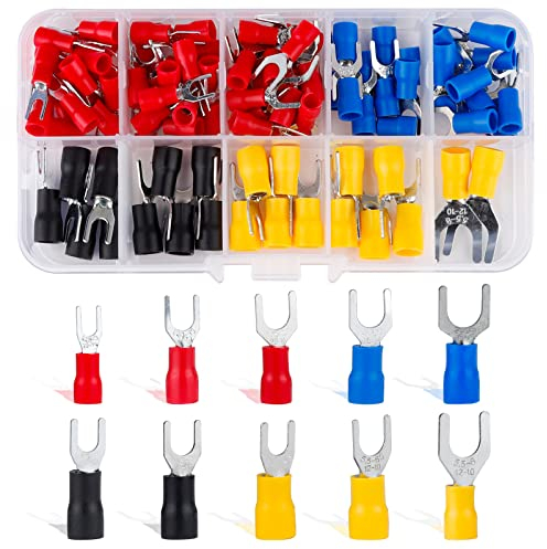 Roosea Gabelkabelschuhe 102 Stück Kabelschuhe 0,5-6 mm² Gabelschuhe Teillisoliert PVC SV Kabel-Verbinder aus Kupfer verzinnt, 10 Größen, 4 Farbe
