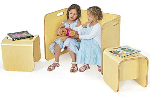 DREAMADE multifunktionaler Kindertisch mit 2 Stühlen, Sitzgruppe für Kinder Kindersitzgarnitur Kindermöbel, 3 TLG. Kindersitzgruppe aus Birkenholz für Kinder für Kinderzimmer, Kindergarten (Natur)