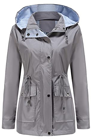 MODFUL Women Long Sleeve Rainproof Jacket Waterproof Windbreaker Hooded Lightweight Windproof Outdoor Coat(Grey,L)