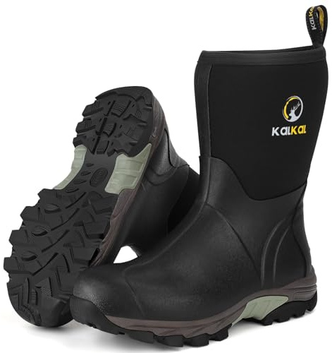 Kalkal Rubber Boots for Men, Waterproof Mid Calf Mens Rain Boots, 6mm Neoprene Insulated Mens Rubber Work Boots for Hunting Gardening Farming Fishing Mud Working, Size 7-14