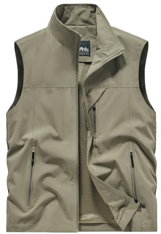 Sukany Men's Casual Fishing Safari Utility Vest Lightweight Quick Dry Cargo Military Gilets Sleeveless Photography Shooting Hunting Camping Waistcoat Outdoor Travel Jacket with Pockets Khaki S