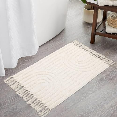 INKAROBOX Boho-Badezimmerteppiche, böhmischer Küchenläufer, Bauernhaus-Eingangsteppich aus Baumwolle für Schlafzimmer/Waschküche, gewebter Teppich. (Beige Rainbow, 60 x 90 cm)