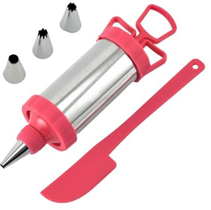 Jeringa Para Pastelería De Acero Inoxidable Baking Cake Decorating Tool Stainless Steel Pastry Filling Injector Syringe Decorating Kit Dessert Decorator Para Tartas, Pasteles(Red)