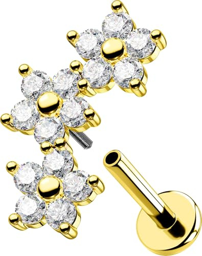 OUFER 16G Oro Piercing Conch Filettato Interno Fiore Orecchini Helix Acciaio Chirurgico 316L Trasparente CZ Gioielli Per il Corpo Per Le Donna 6 mm Lip Stud