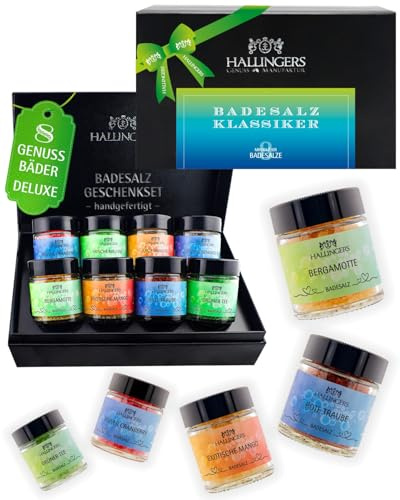 Hallingers Genuss Manufaktur Badesalze Geschenk-Set - 8x Badezusatz mit Totes Meer Badesalz edle Geschenkbox, Badekristalle Fußbad & Spa Badesalz Klassi..., Geschenkidee für Männer Freund