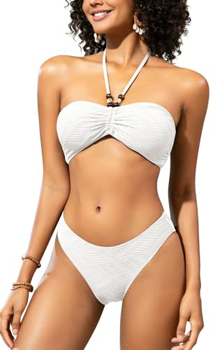 Oheyeseker Maillot de bain deux pièces pour femme - Bandeau à perles - Dos nu - Couverture moyenne, blanc, M