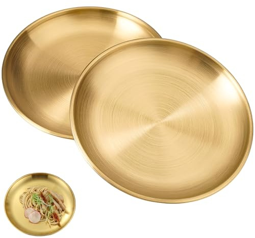 2 vassoi dorati, piatti per candele dorati, vassoi rotondi, 20 cm, in acciaio inox dorato, per gioielli, trucco, set da tè, vasi, piatti per candele, oro