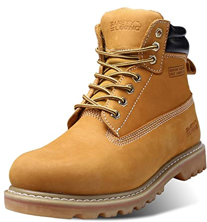 SAFETY LOONG Men's Steel Toe Work Boots Waterproof Comfortable Safety Leather Work Boots for Construction Farming Industrial Welding Wheat 10 Wide