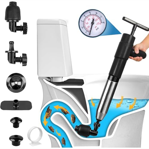 Wenbones Pulitore per tubi ad aria compressa, stura lavandini e scarichi, pompa stura scarichi wc a pressione, per WC, bacino, bagno, doccia, cucina, indicatore di pressione (nero)