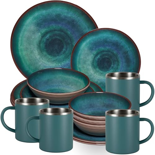 Jesolo Service de table en mélamine vert pour 4 personnes – 16 pièces avec tasses en acier inoxydable aspect faïence passe au lave-vaisselle Vaisselle de camping caravane camping festival
