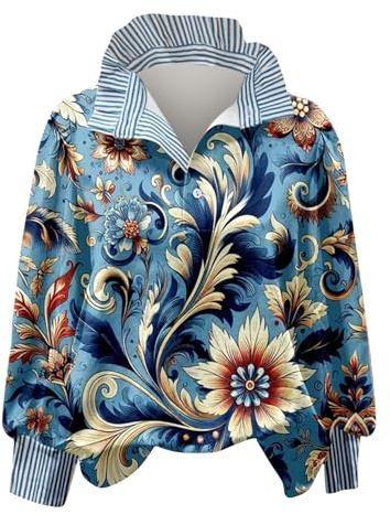 Vintage Floral Print Blouses Ruffled Stand Collar Button Down Shirts Loose Fit Long Sleeve Bohemian Top Casual Work Outfits Business Dressy Blouses Blue Medium