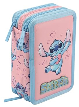Maricart Astuccio 3 Zip Scuola Elementare Stitch 44 Pezzi – Astuccio Bambino Completo 3 Scomparti con 18 Matite Ultramina 4.0 e 18 Pennarelli Mini Brush – 12x6x19,5 cm