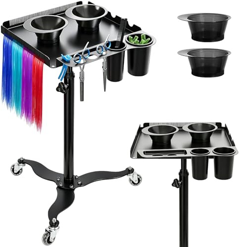Chariot de Coiffeur Mobile avec Surface de Rangement, Chariot de Coiffure | Chariot de salon avec 2 bols magnétiques, hauteur réglable, avec support de séparation des cheveux, chariot plateau