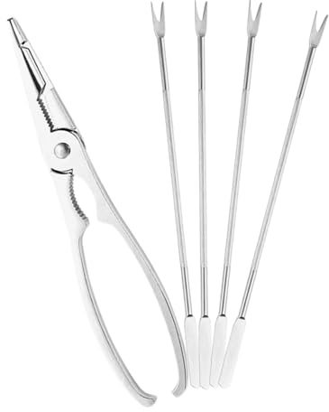 COOLHIYA Set 5 Pezzi di Attrezzi per Crostacei in Acciaio Inossidabile Argento, Spiedini per Granchio Lisci per Estrarre Carne da Parti Difficili, per Consumare Crostacei