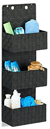 Relaxdays Hängeorganizer Stoff, Türorganizer mit 3 Aufbewahrungskörben, Wandorganizer Bad, PP, HBT: 75x25x15cm, schwarz