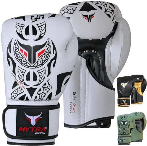 Mytra Fusion guantoni da boxe 10 oz 12 oz 14 oz 16 oz guantoni boxe per l'allenamento di pugni sparring Muay Thai guantoni Uomini e donne guanti boxe (16-oz, White/Black)