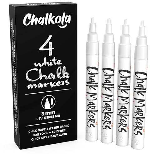 Chalkola Kreidestifte für Tafel Abwaschbar Weiß - 4 Kreidemarker Weiss 3mm Umkehrbare Spitze - Kreidestift Weiß für Fenster, Tafel, als Glasstift - Chalk Markers für Erwachsene und Kinder