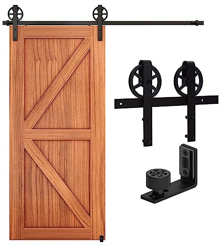 CCJH Skjutdörrsbeslag Set Skjutdörrssystem Årgång Glidande Ladugård Trädörr Hårdvara Garderob Spåruppsättning för Trädörr Svart 1.5M/5FT (Stort Hjul Hängare Vält Kit)