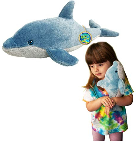 EcoBuddiez - Dauphin de Deluxebase. Peluche Douce Moyenne de 38cm Faite de Bouteilles en Plastique Recyclées. Cadeau Calin écolo pour Enfants et Animal Doux et Mignon pour Bambins.