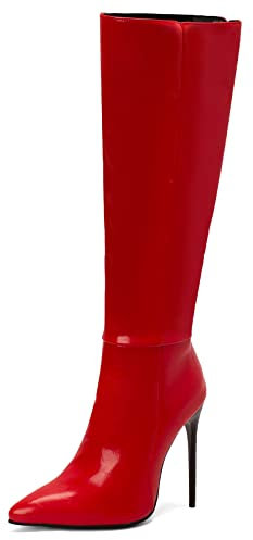 MJIASIAWA Damen Stiletto Winter Reißverschluss Pointed Toe Lack Kniestiefel Elegant Prom Kleid Warm Reitstiefel Party Rot Gr 39 EU/40 Asiatisch