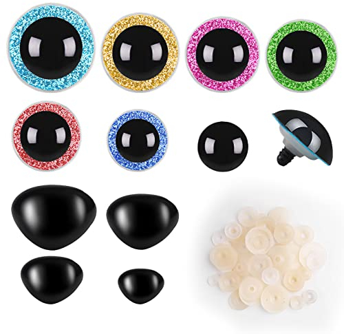 Weysoo 105 Stück Sicherheitsaugen für Häkeltiere, Augen für Häkeltiere, Sicherheitsaugen und Sicherheitsnasen mit Unterlegscheiben, Groß Sicherheitsaugen für Puppe,Teddyaugen, Plüschtier (12-30mm)