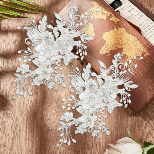 GORGECRAFT 2 st pärlor blomma broderi spets patchar 3D-blommönster vitt blommönster broderade applikationer för sömnad på spets för huvudbonad kläder brud-accessoarer