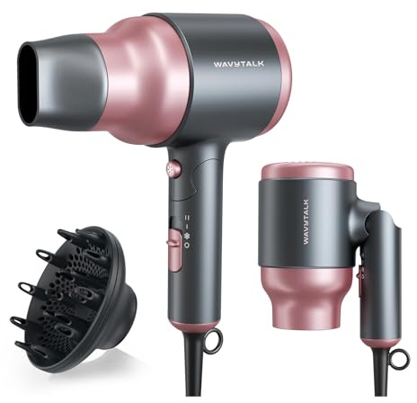 Wavytalk Portable Hair Dryer with Diffuser, Foldable Mini Hair Dryer with Lightweight Design, 1600W Small Hair Blow Dryer with Diffuser for Curly Hair Fast Drying, Rose Pink