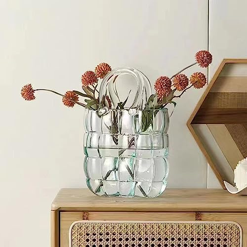 MISNODE Purse vase for Flowers Glass Bag vase Handbag Unique Glass Bag Vase Flower vase Decorative Wide Mouth Purse Vases with Elegant Design Flower vase for Home Decor Floral Arrangement(Clear)