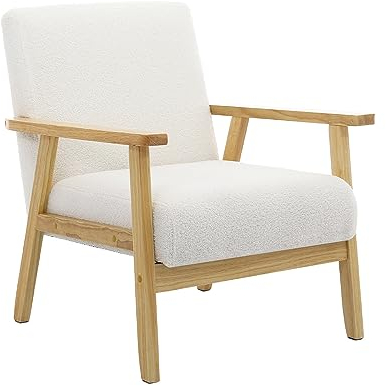 Mingone Sessel Loungesessel Modern Gepolsterter Cocktailsessel Skandinavischer Stil Einzelsofa Holz Ohne Hocker für Wohnzimmer Schlafzimmer Weiß