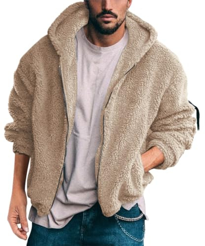 shownicer Teddy Fleece Giacca Uomo Invernale Giacca in Pile Felpa con Cappuccio e Zip Casual Caldo Giacca Cappotto A Cachi XL