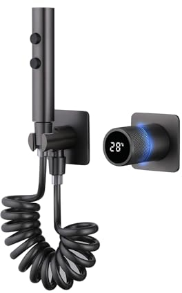 QREZAA Bidet Handbrause, Handbrause Bidet 2 Funktionen, Digitalanzeige Bidet Brause Heißes und Kaltes Handbrause Toilette Waffengrau Messing Handbrause Toilette mit Schlauch