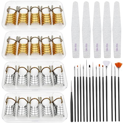 GZkushi 20 Stk Nagel Schablone, Wiederverwendbare Nagelverlängerung Schablone mit 1 Set Nagel Pinsel und 5 Stk Nagelfeile für Nail Art DIY,Gel Nagel