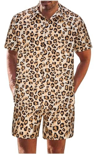 HAOLEI Mens Shorts and Shirt Sets UK Clearance, Mens Tracksuit Set Casual Leopard Printed Short Sleeve Suits 2 Piece Summer Party Button Down Hawaiian Shirts & Shorts Outfits Beachwear