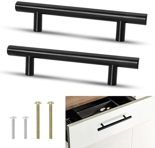 10 Pack Kitchen Cupboard Handles, 96mm Hole Center Black T Bar Cabinet Door Pulls, Stainless Steel Wardrobe Drawer Handles, Kitchen Door Handle Pulls with Screws for Cupboard, Dresser, Chest