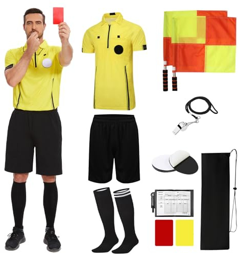 Soccer Referee Kit Pro Soccer Referee Shirt Jersey,Ref Costume Shorts,Coach Whistle,Referee Socks, Linesman Flags and Cards Umpire Uniform Sport Accessory for Adult Teenager Yellow XXL